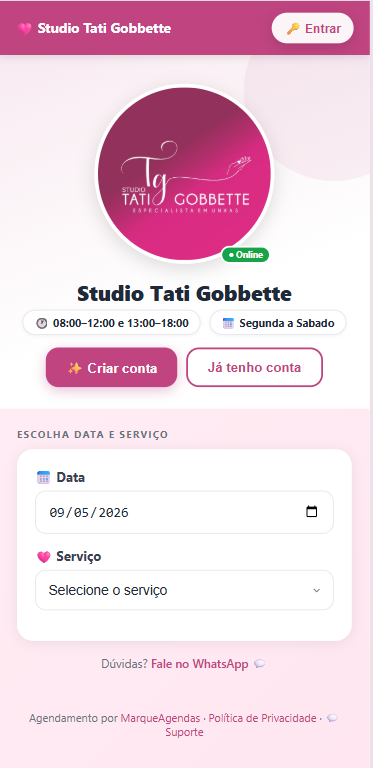 Página de agendamento do Studio Tati Gobbette
